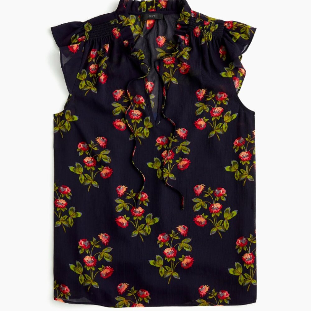 J Crew Point Sur Chic Black Floral Sleeveless Blouse
